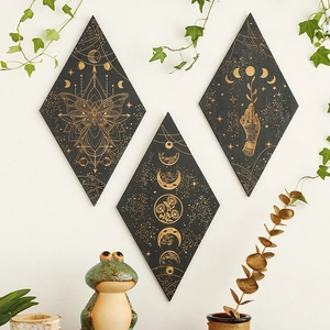 Three-piece diamond shaped wooden wall hanging set with golden moon and nature motifs