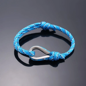 Blue nautical braided rope bracelet with stainless steel metal hook and red accents
