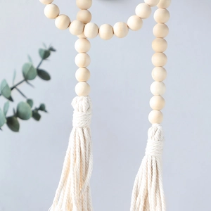 Boho wood bead curtain tieback with white cotton tassels for home decor decoration