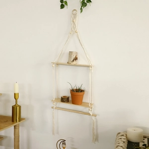 Handmade 2-tier boho macrame wall shelf with natural cotton rope and wooden floating boards