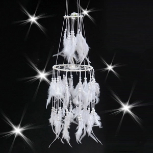 Handmade White Feather Dreamcatcher Double Ring Wind Chime Wall Hanging Decoration Bohemian Minimalist Bedroom Home Decor