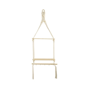Bohemian woven macrame wall hanging shelf with two-tier wood trays and hanging hooks