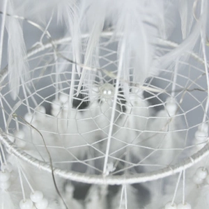 Handcrafted white dream catcher wall hanging with soft feathers and woven mesh beads