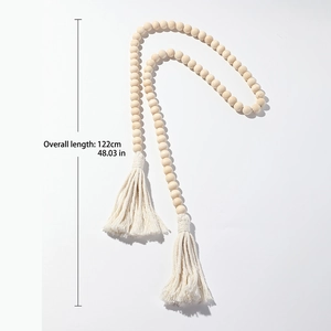 Bohemian wood bead curtain tieback with white cotton tassels for home decor 122cm