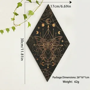 Macro detail of diamond wooden wall decor with butterfly and star chart gold prints