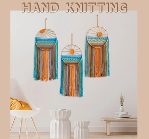 Three-piece boho wall hanging set with sunrise patterns and handmade cotton fringe