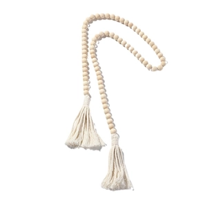 Bohemian wood bead curtain tieback with natural finish and handmade cotton tassels
