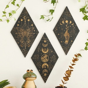Three-piece bohemian black wall decor featuring gold mandala butterflies and moon phases