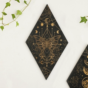 Geometric diamond wooden wall decor featuring golden butterfly and moon phase patterns