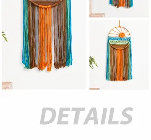 Detail of sunrise sunset macramé tapestry with colorful tassels and woven textures
