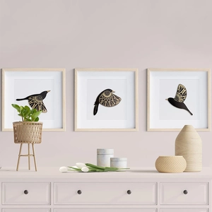 Three-piece set of wooden flying bird wall art with geometric patterns for home decor