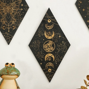 Set of diamond wood wall decor with golden moon phases and floral celestial patterns