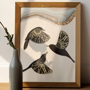 Modern minimalist wooden framed wall art set with bohemian bird patterns and marble accents