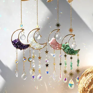 Natuurlijke Kristallen Steen Halve Maan Zonnevanger Metalen Frame Hangend Ornament Raam Boho Huis Tuin Regenboog Prisma Decoratie