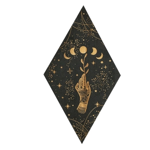 Minimalist black wooden diamond shelf with gold moon phases and mystical hand carving