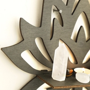 Wooden lotus flower wall shelf with crystals and candles for home decor ornaments