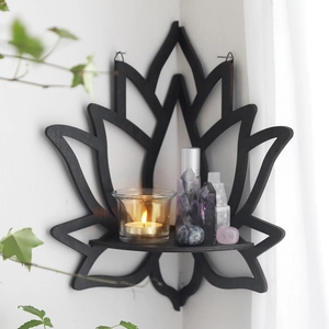 Minimalist black wooden lotus corner shelf for crystal storage and home wall decoration