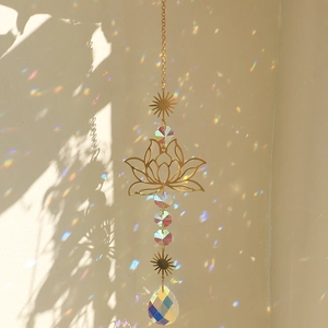 Bohemian Gold Metal Hollow Lotus Sun Crystal Suncatcher Hanging Ornament With Teardrop Prism Rainbow Maker For Window Home Garden Decor Gift