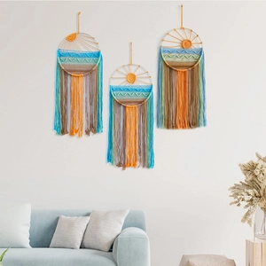 Bohemian Handmade Cotton Woven Tapestry Wall Hanging Sunrise Sunset Landscape Pattern With Tassels For Home Room Decor