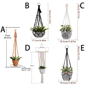 Size chart showing height and width details for five styles of woven plant hangers