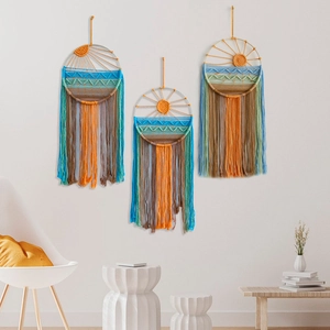 Set of 3 boho woven wall hangings featuring sunrise and nature sunset landscape patterns