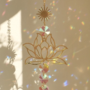 Golden lotus sun catcher with crystal prisms for boho home wall decor and garden accents