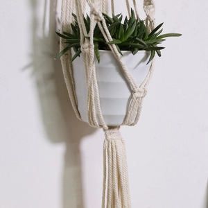 Detailed close-up of handmade off-white macrame plant hanger with cotton rope tassels