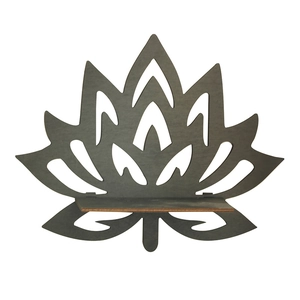Minimalist lotus flower carved wooden wall shelf in charcoal finish for home decor