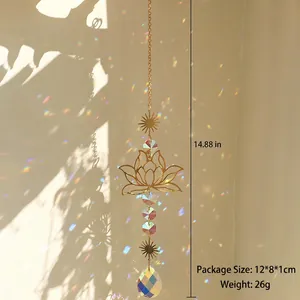 Detail of metal lotus suncatcher with crystal prisms showing 37.8cm length dimension