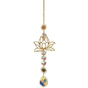 Golden lotus crystal suncatcher with AB coating hanging on a clean white background
