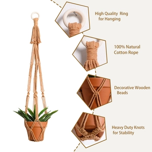 Detail of 100% natural cotton rope weaving and heavy duty knots on boho plant hanger