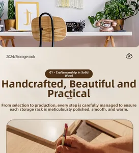 Detailed view of handcrafted solid wood storage rack showing artisan polishing process