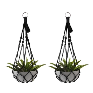 Set of two black macrame plant hangers with grey pots and vibrant green leaves