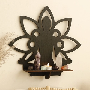 Black wooden Buddha lotus hollow-out wall shelf for crystal storage and zen home decor