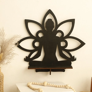 Minimalist black wooden lotus flower wall shelf with yoga silhouette for crystal storage