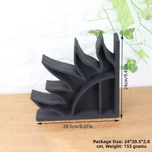 Detail showing dimensions 24x20.5cm of the black sun-shaped wooden corner wall shelf