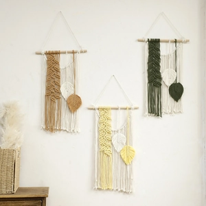 Bohemian handmade cotton wall hanging set with fringe and woven feather leaf tassels