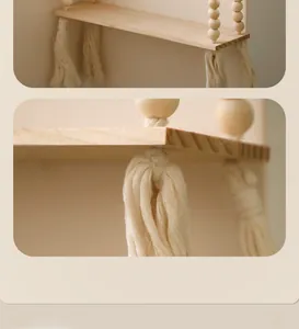 Detailed macro view of handmade boho wooden beads and cotton tassel hanging storage rack