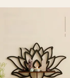 Detail of wooden lotus crystal shelf featuring bohemian hollow design and sturdy wood shelf