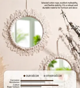 Detailed view of hand-woven macrame cotton rope and fringe on the circular mirror