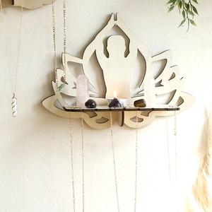Bohemian lotus wood wall shelf with meditation figure and hooks for jewelry storage