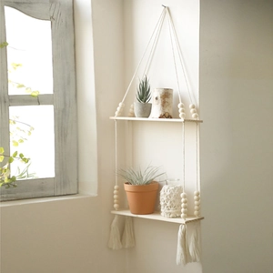 Handmade Boho Wood Floating Shelf Hanging Wall Storage Rack With Macrame Tassel Beads For Living Room Bedroom Home Decor