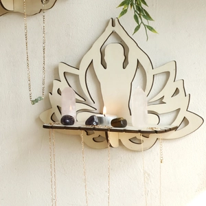 Bohemian lotus meditation wooden wall shelf for crystals and spiritual decor pieces