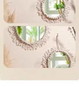 Detailed view of hand-woven bohemian cotton macrame fringe and diamond patterns on mirror
