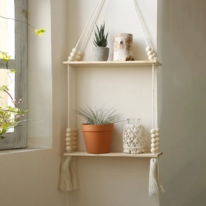 Boho double-tier wooden floating shelf with cotton rope, beads and tassels for wall decor