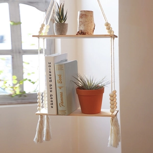 Boho style double-layer wooden hanging shelf with beads and tassels for wall decor