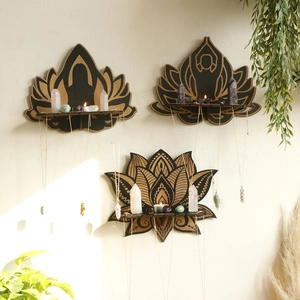 Detail of wooden lotus crystal wall shelf set with hanging necklaces and gemstones