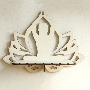 Macro detail of laser-cut wooden yoga meditation wall shelf with lotus pattern
