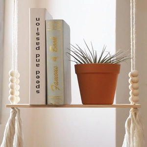 Bohemian double-tier wood bead shelf with cotton tassels for wall hanging home decor