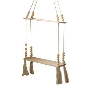 Handcrafted double tier wooden hanging shelf with macrame cotton rope and tassel decor